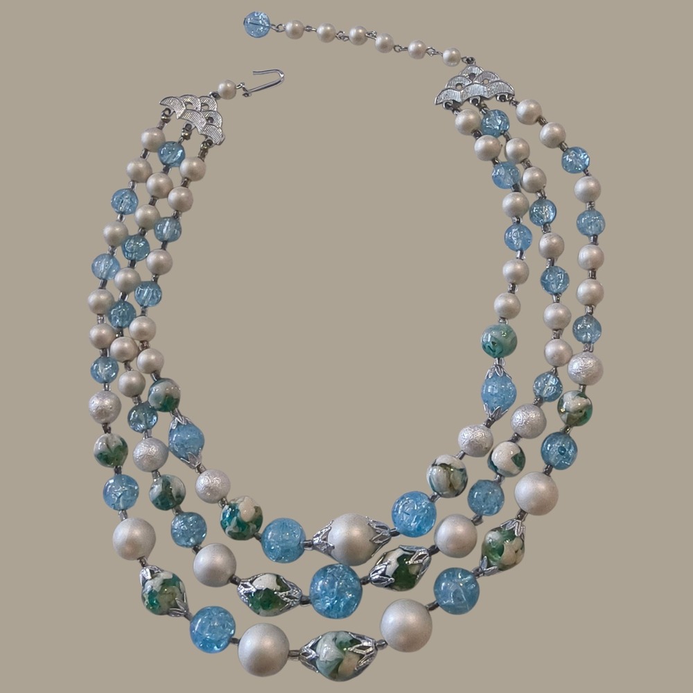 Vintage Japan 3 Strand Bead Choker‎ Blue Green Pearl Necklace